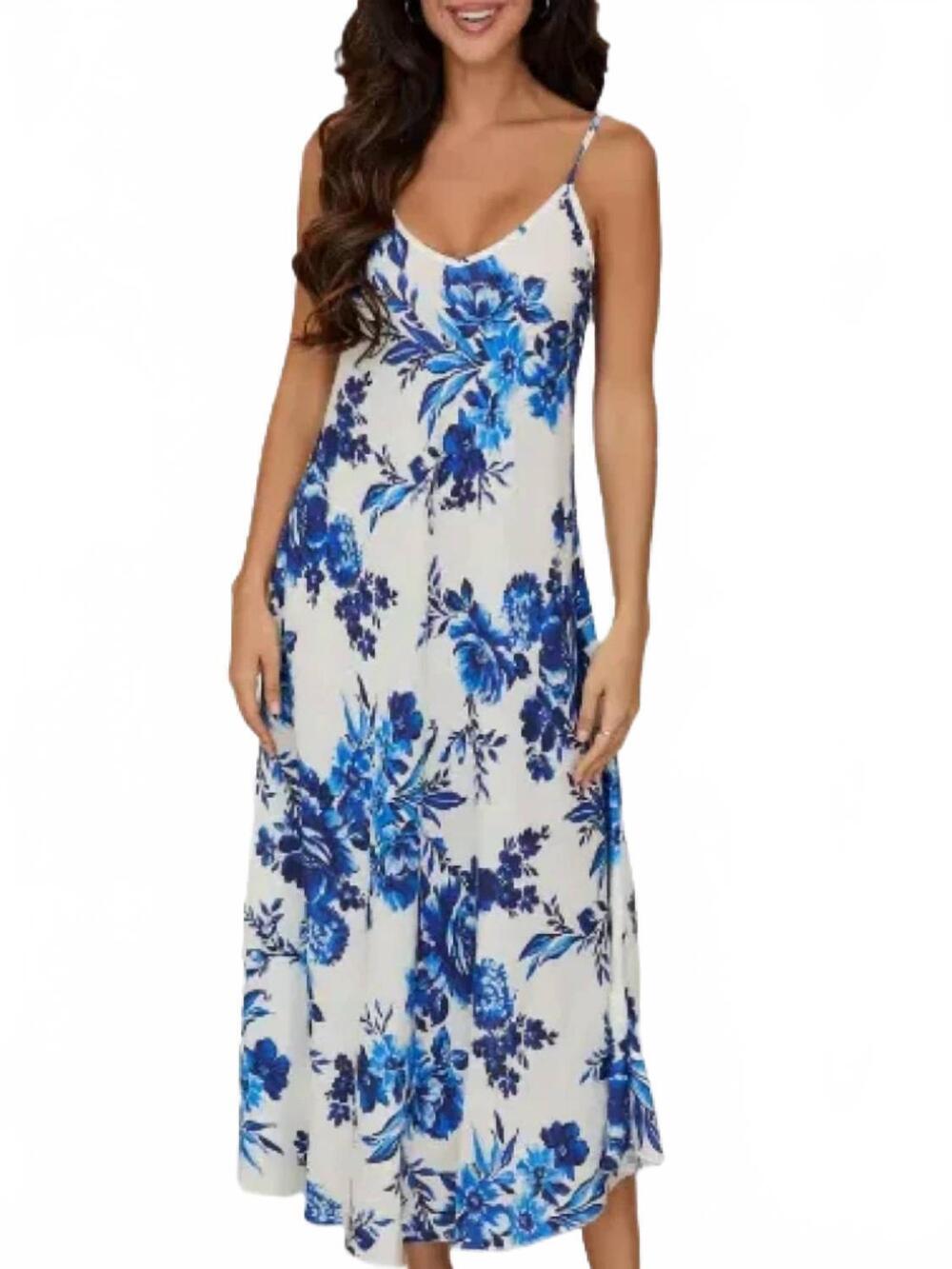 NEW MILIO MILANO floral print spaghetti strap v neck dress in white/blue